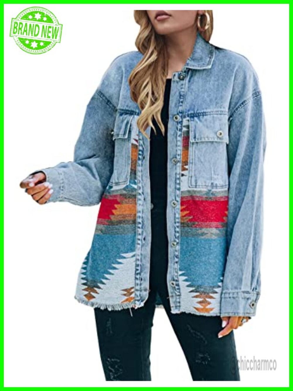 Lumister Aztec Denim Jacket Distressed Vintage Button Down Shacket